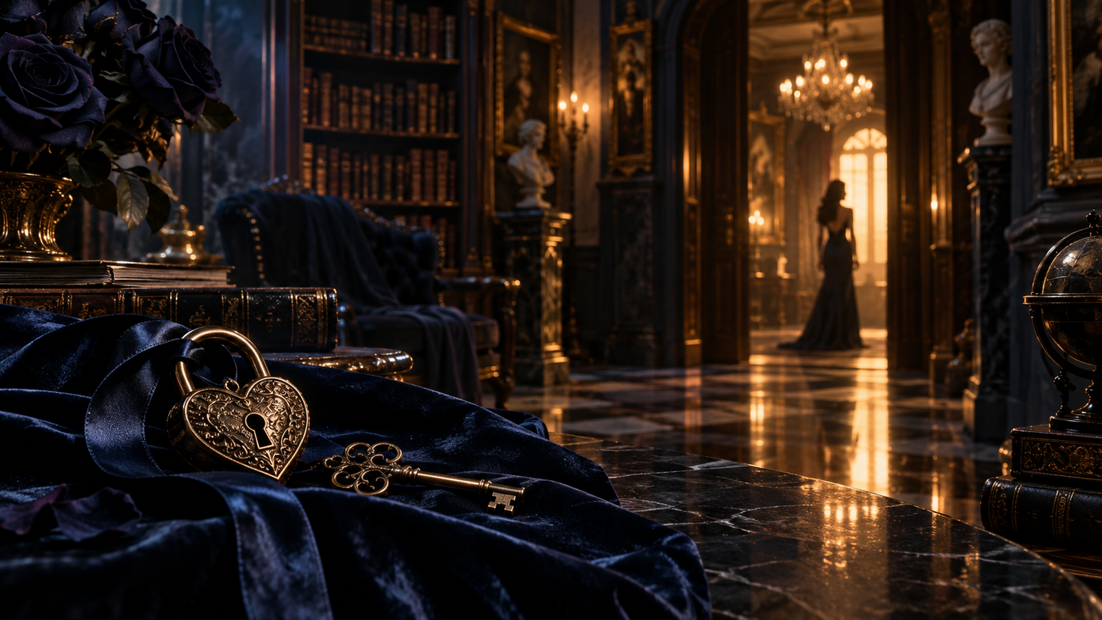 A mysterious candlelit library, an ornate lock and key in the foreground, and a woman silhouetted in a distant doorway.